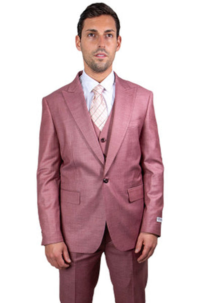 Men's One Button Peak Lapel Vested Stacy Adams Sharkskin Suit in Salmon Pink