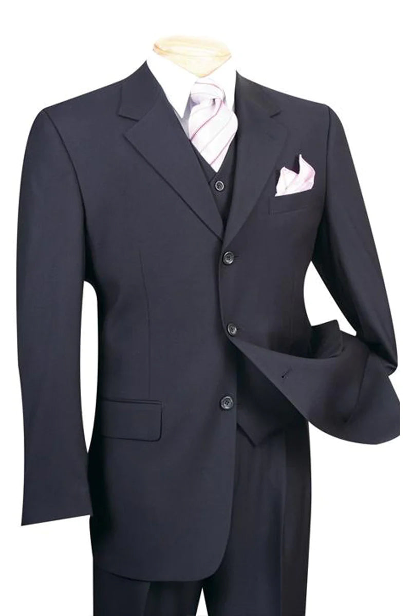 Basic Suit Collection Mens 3 Button Classic Fit Vested Basic Suit in Navy – SignatureMenswear
