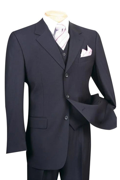 Mens 3 Button Classic Fit Vested Basic Suit in Navy