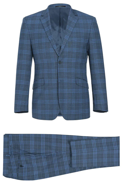 Mens Two Button Slim Fit Two Piece Suit in Blue Windowpane Plaid