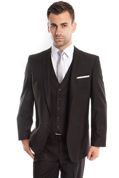Men's Two Button Slim Fit Basic Vested Wedding Suit in Black