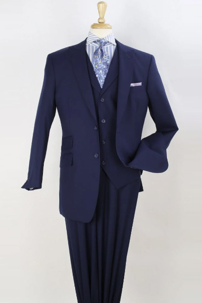 Mens Navy Blue Wide Peak Lapel Vested Suit in Super 150's Merino Wool