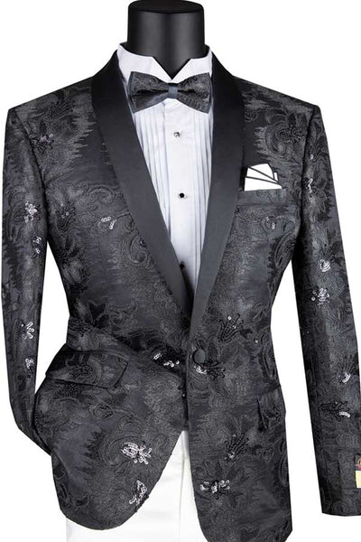 Mens Slim Fit Shiny Floral Sequin Prom Tuxedo Dinner Jacket in Black