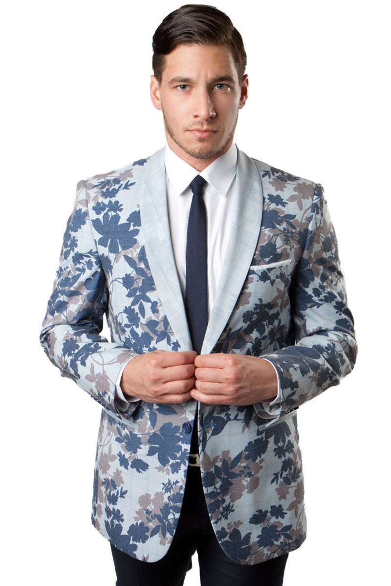 Men's One Button Floral Camo Tuxedo in Blue & Light Silver