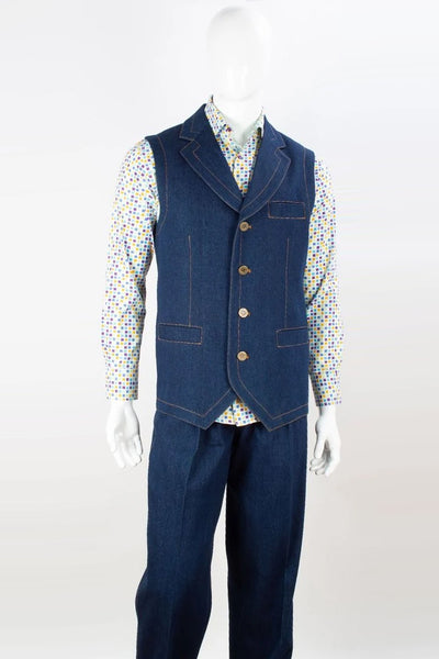 Mens Notch Lapel Double Breasted Denim Vest and Pant Set in Blue