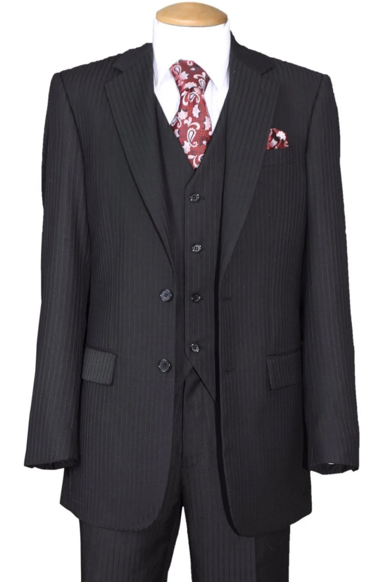 Mens 2 Button Vested Wool Feel Tonal Pinstripe Suit in Black