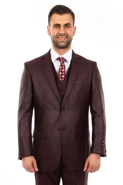 Men's Two Button Vested Textured Sharkskin Business Suit in Burgundy