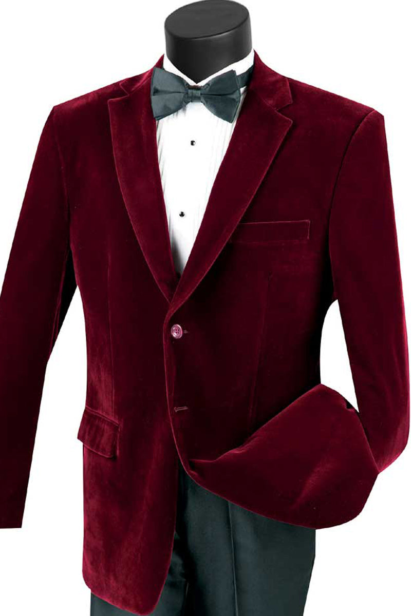 Mens 2 Button Regular Fit Velvet Blazer in Burgundy