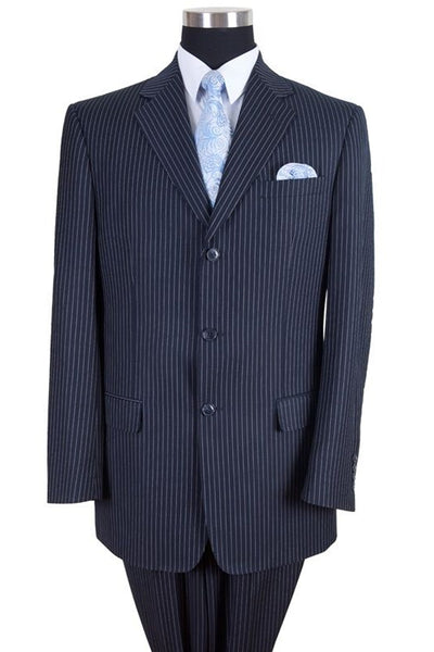 Mens Classic Fit 3 Button Banker Pinstripe Suit in Navy