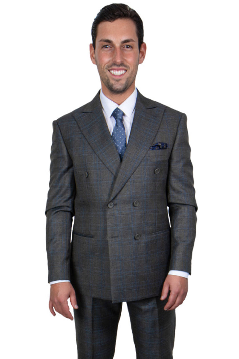 Men's Stacy Adams Double Breasted Suit in Charcoal Grey Windowpane Plaid