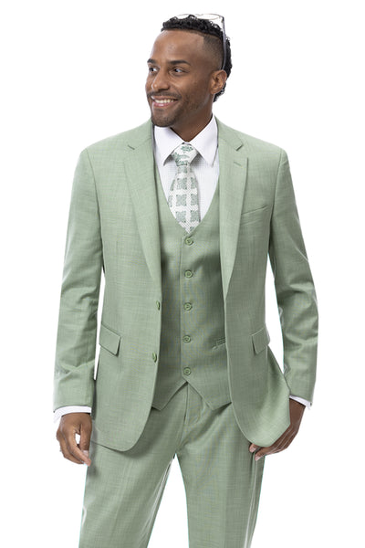 Mens Modern Fit Two Button Vested Sharkskin Business Suit in Moss Green