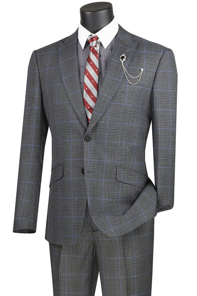 Mens 2 Button Modern Fit Peak Lapel Plaid Suit in Charcoal Grey