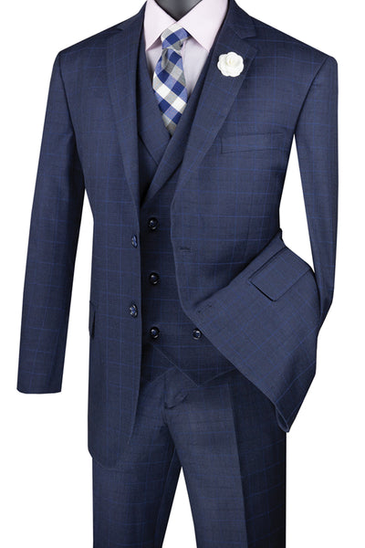 Mens 2 Button Double Breasted Vest Plaid Suit in Blue