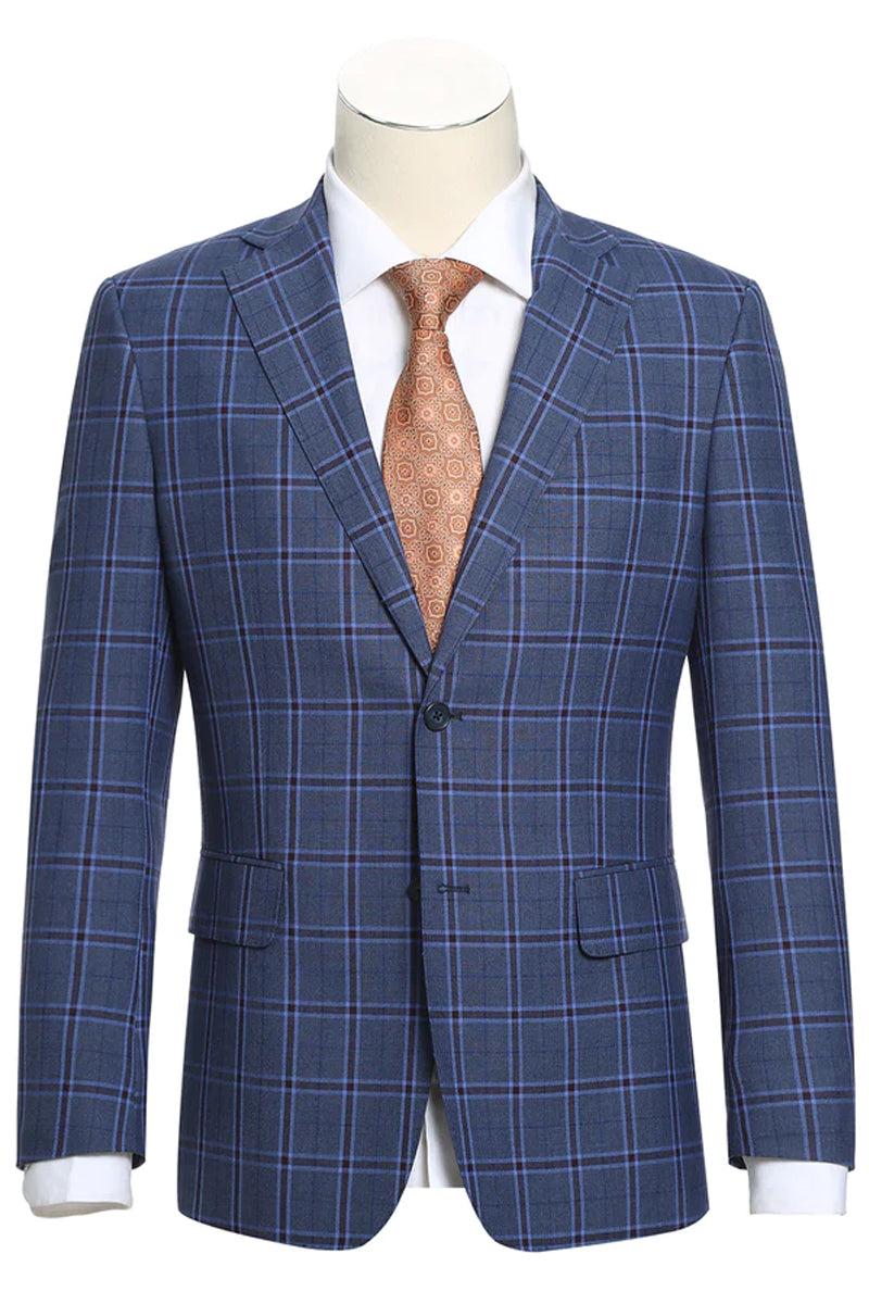 Mens English Laundry Two Button Slim Fit Notch Lapel Suit in Navy Blue Windowpane Plaid