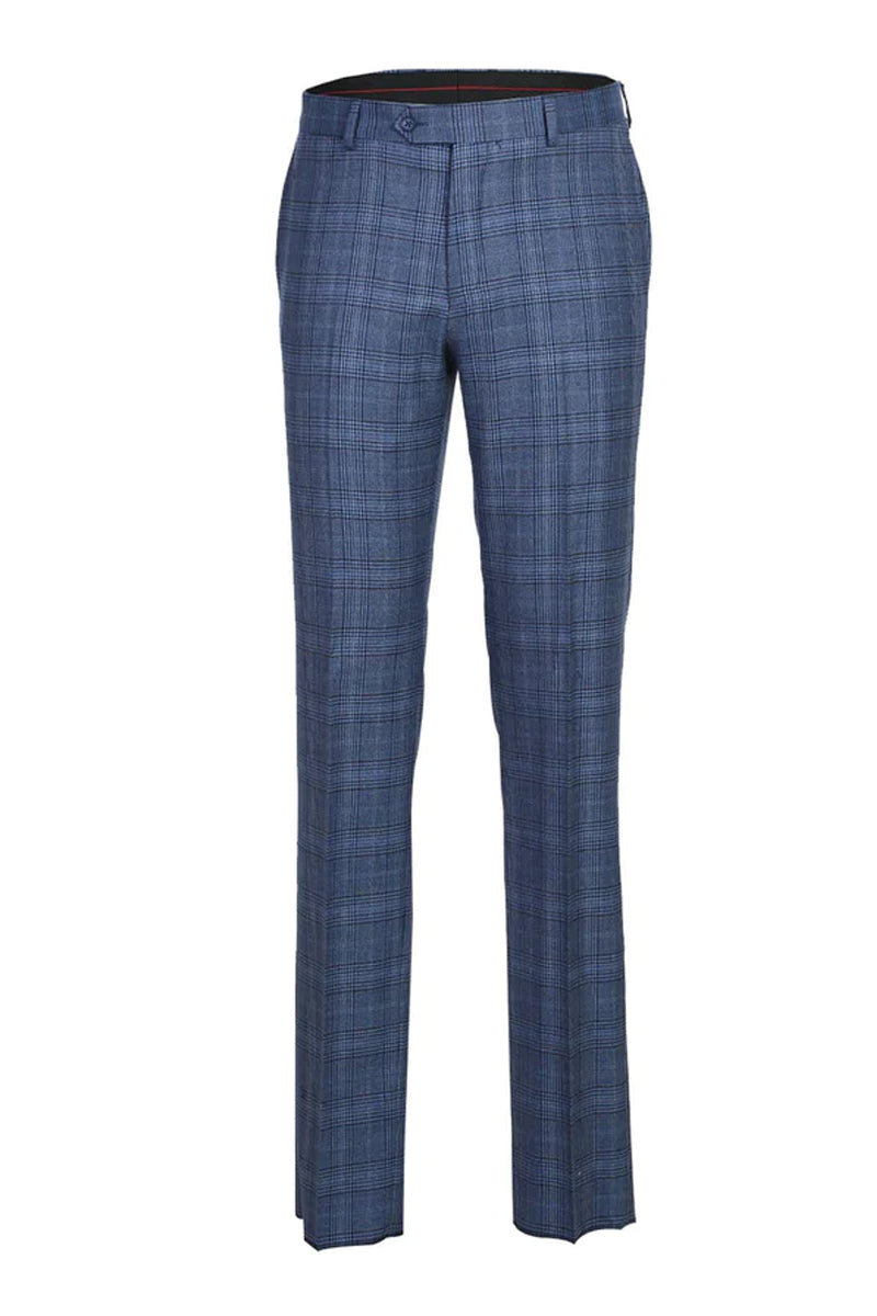 Mens Designer Two Button Slim Fit Notch Lapel Wool Suit in Denim Blue Windowpane Plaid