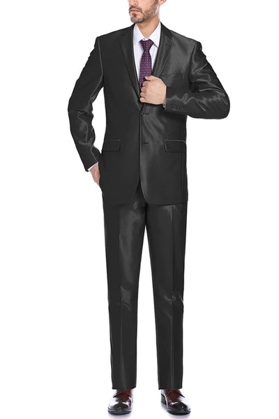 Mens Basic Two Button Slim Fit Suit with Optional Vest in Shiny Black Sharkskin