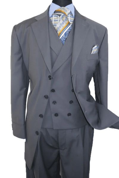 Mens 4 Button Fashion Suit with Double Breasted Vest in Grey