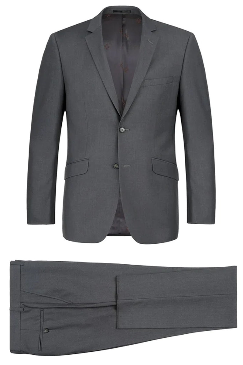 Mens Basic Two Button Slim Fit Suit with Optional Vest in Charcoal Gre