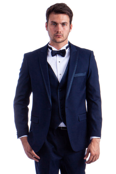 Men's One Button Peak Wedding Tuxedo with Satin Trim in Navy Blue