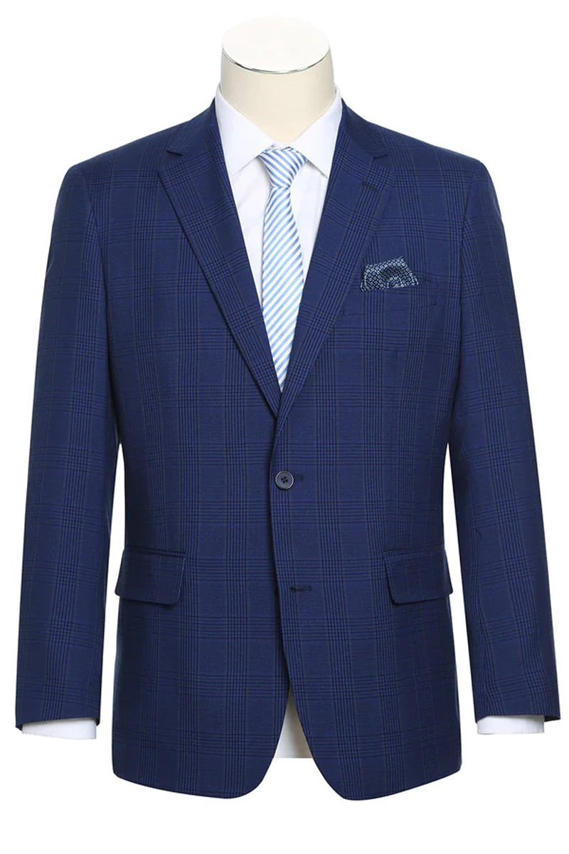 Mens Two Button Classic Fit Sport Coat Blazer in Dark Navy Blue Windowpane Plaid