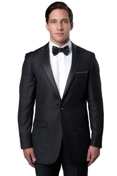 Men's Slim Fit One Button Satin Trim Peak Lapel Prom & Wedding Tuxedo in Charcoal Grey