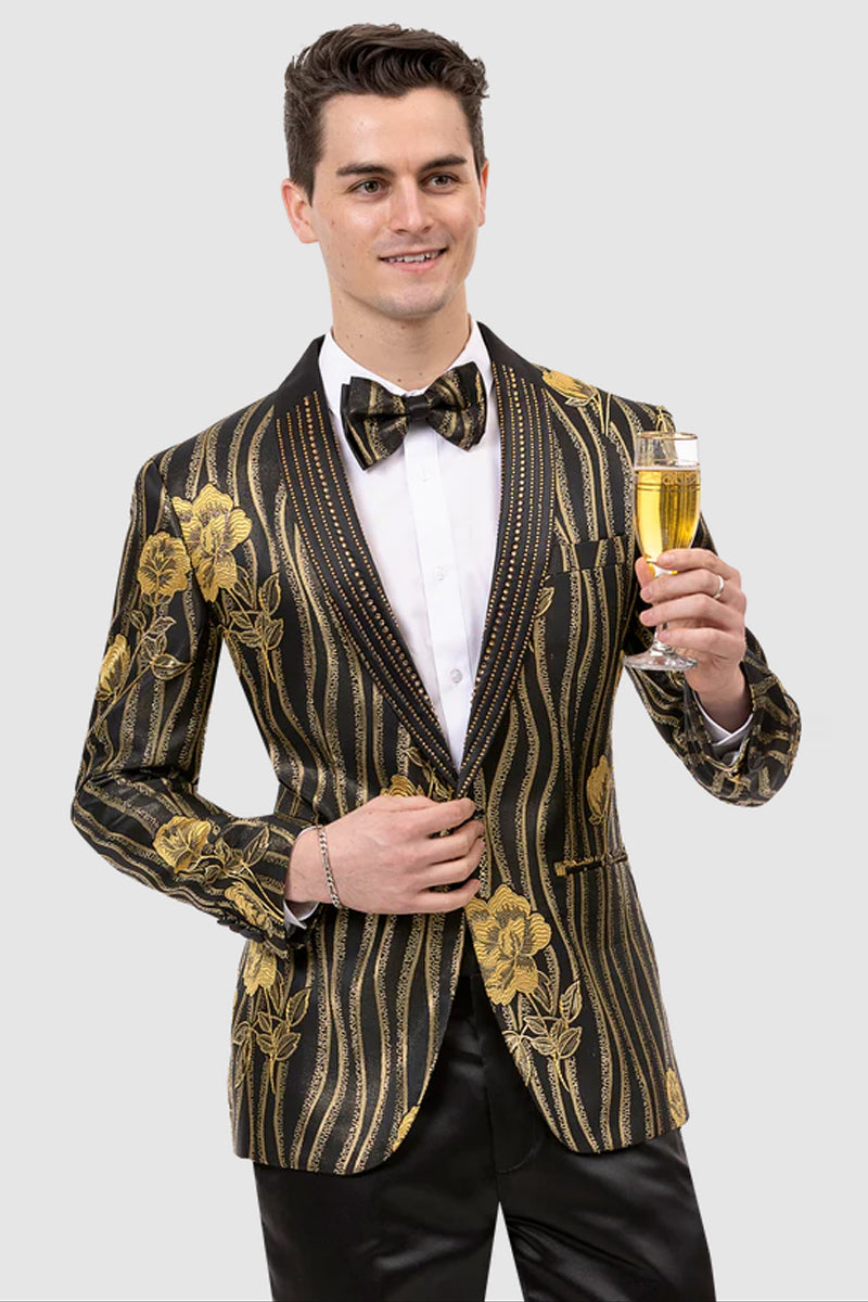 Mens Modern Floral & Wave Pattern Prom Tuxedo in Black & Gold