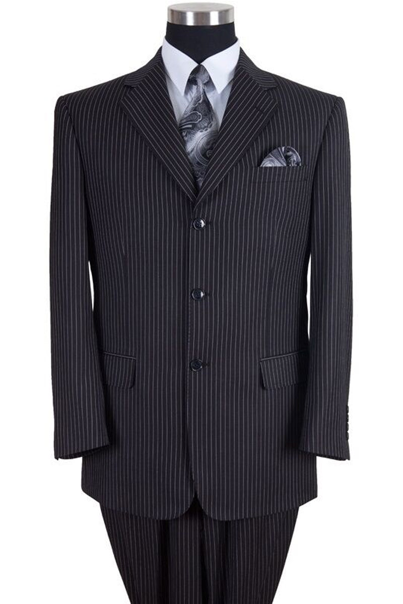 Mens Classic Fit 3 Button Banker Pinstripe Suit in Black