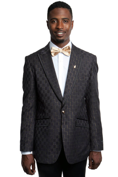 Men's One Button Peak Lapel Black & Gold Square Print Blazer