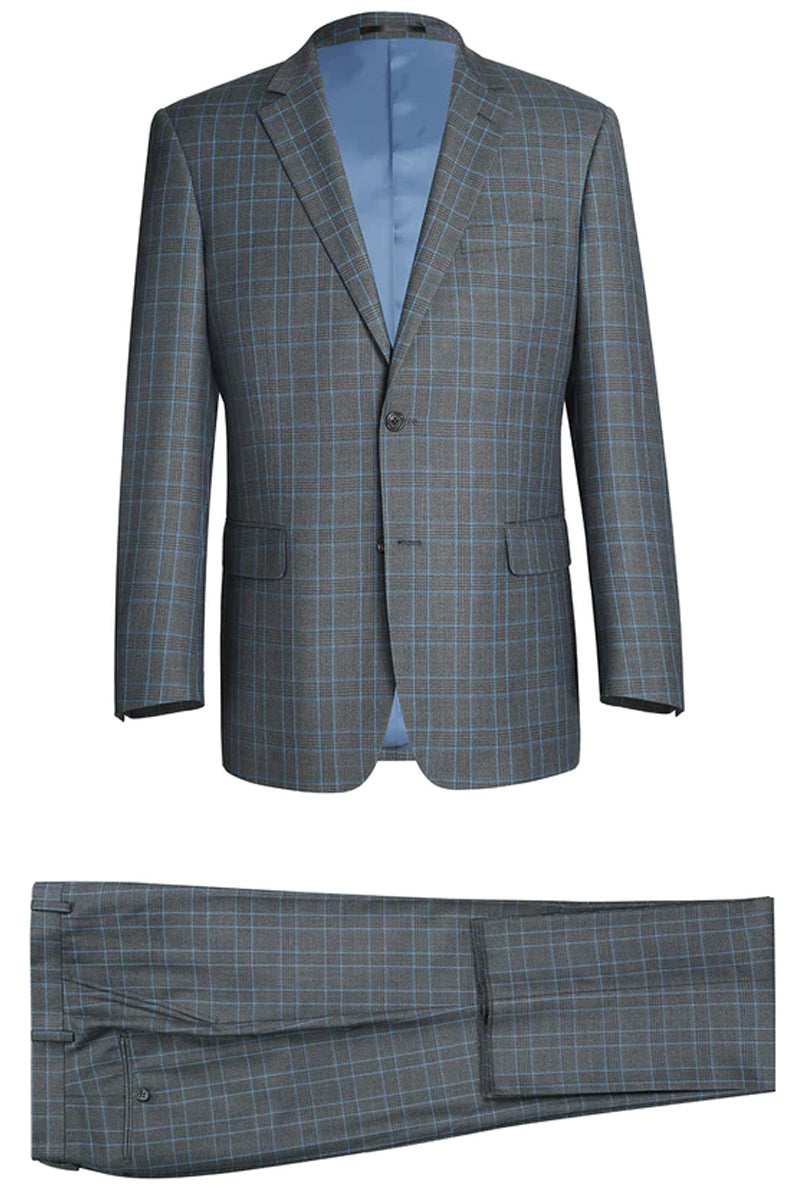 Mens Two Button Classic Fit Two Piece Suit in Grey & Blue Windowpane Plaid