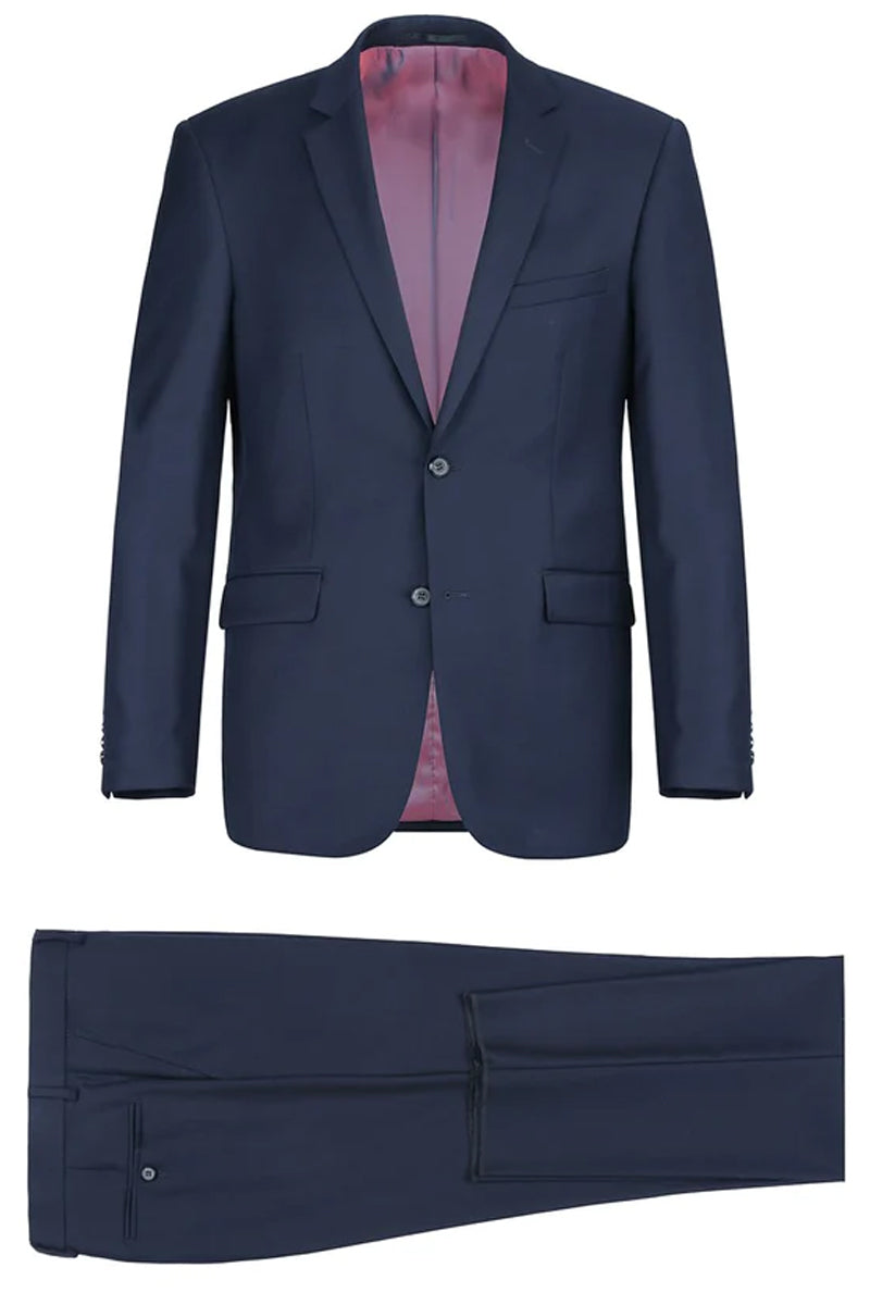 Mens Basic Two Button Slim Fit Wool Suit with Optional Vest in Indigo Blue