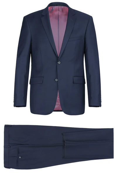 Mens Basic Two Button Classic Fit Wool Suit with Optional Vest in Indigo Blue