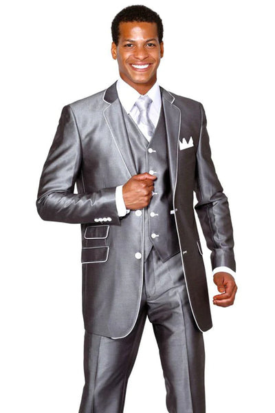 Mens Vested Slim Fit Shiny Sharkskin Tuxedo Suit in Silver Grey with White Piping