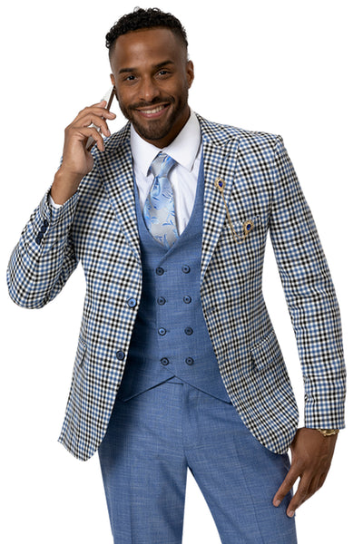 Mens Two Button Modern Fit Peak Lapel Double Breasted Vest Suit in Blue & Black Windowpane Plaid Check