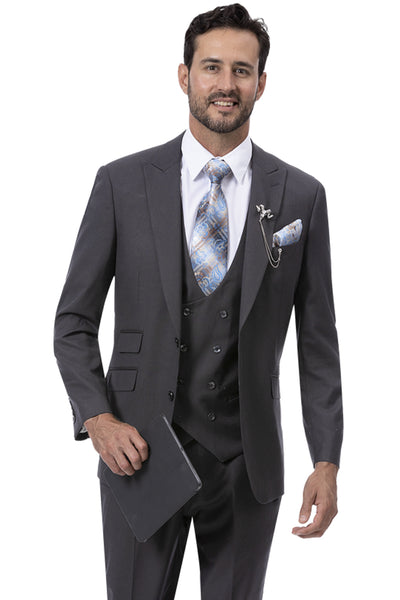 Mens Modern Two Button Vested Peak Lapel Suit with Double Breasted Vest in Charcoal Grey