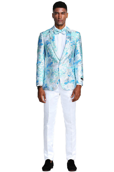 Men's Slim Fit Paisley Prom Tuxedo Jacket in Sky Blue & Silver