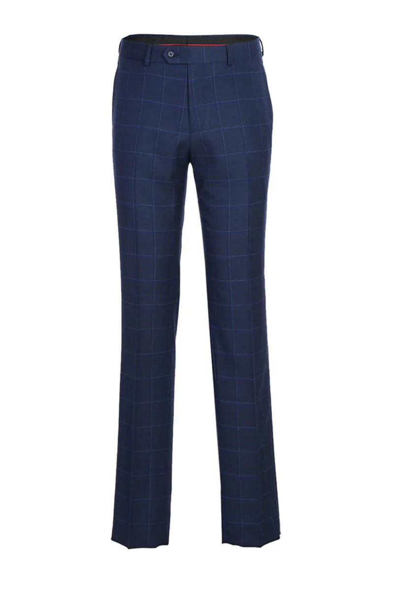 Mens Designer Two Button Slim Fit Notch Lapel Suit in Dark Navy Blue Windowpane Plaid Check