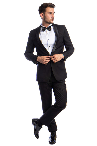 Men's Skinny Fit One Button Shawl Prom Tuxedo in Black