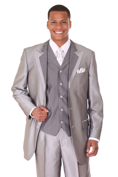 Mens 3 Button Vested Wide Peak Lapel Two Tone Sharkskin Suit in Silver Grey