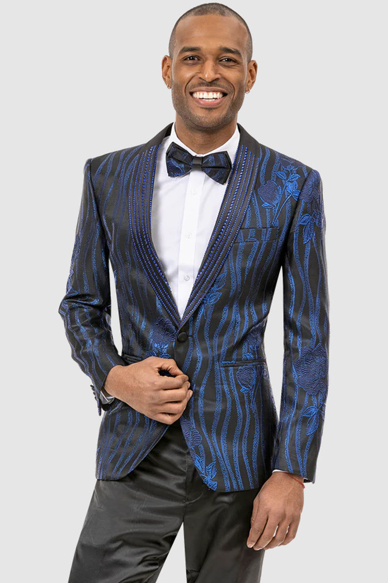 Mens Modern Floral & Wave Pattern Prom Tuxedo in Black & Royal Blue