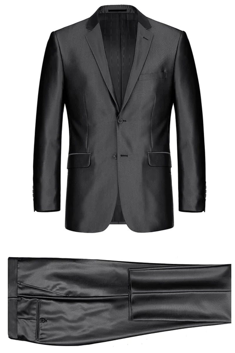 Mens Basic Two Button Slim Fit Suit with Optional Vest in Shiny Black Sharkskin