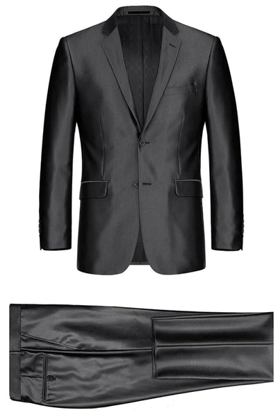 Mens Basic Two Button Classic Fit Suit with Optional Vest in Shiny Black Sharkskin