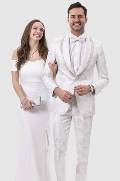 Mens Paisley Prom & Wedding Tuxedo with Sequin Lapel Trim in White & Silver