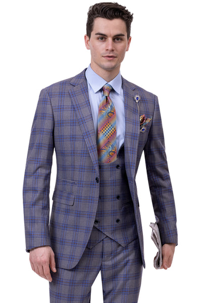 Mens Modern One Button Vested Fashion Suit in Grey & Navy Blue Windowpane Plaide