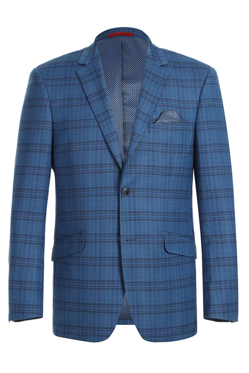 Mens Two Button Slim Fit Sport Coat Blazer in Medium Indigo Blue Windowpane Plaid
