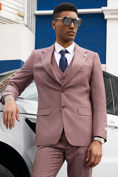 Men's Stacy Adam's Two Button Vested Business Suit in Mauve Plaid