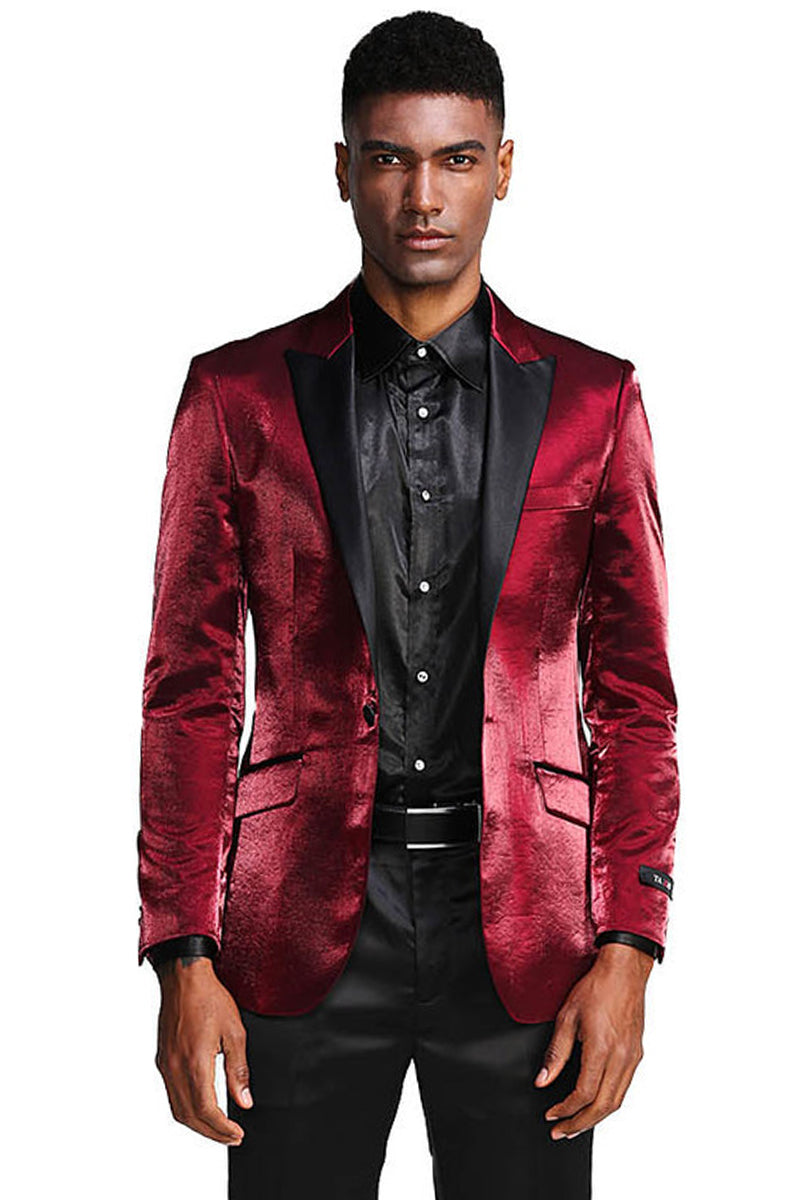 Men's Slim Fit Shiny Satin Prom & Wedding Tuxedo Jacket in Burgundy