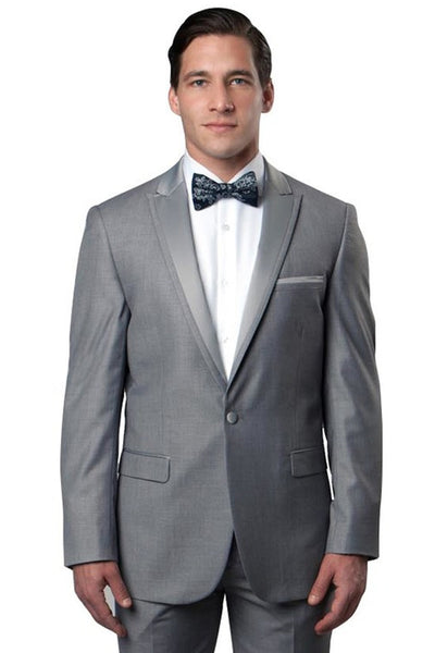 Men's Slim Fit One Button Satin Trim Peak Lapel Prom & Wedding Tuxedo in Grey