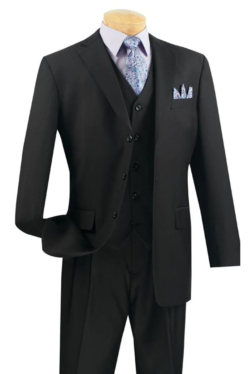 Basic Suit Collection Mens 3 Button Classic Fit Vested Basic Suit in Black – SignatureMenswear