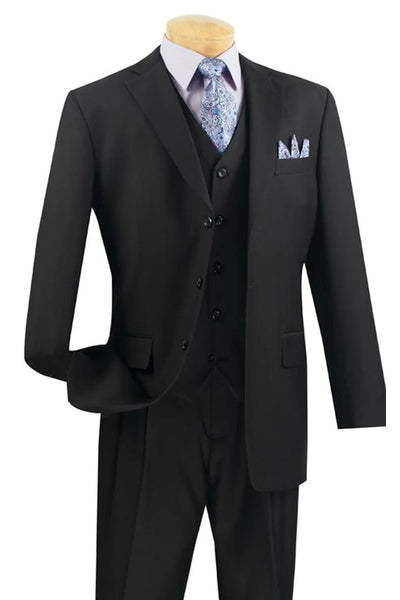 Mens 3 Button Classic Fit Vested Basic Suit in Black