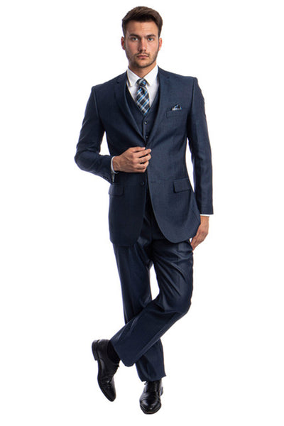 Men's Two Button Vested Textured Sharkskin Business Suit in Navy Blue